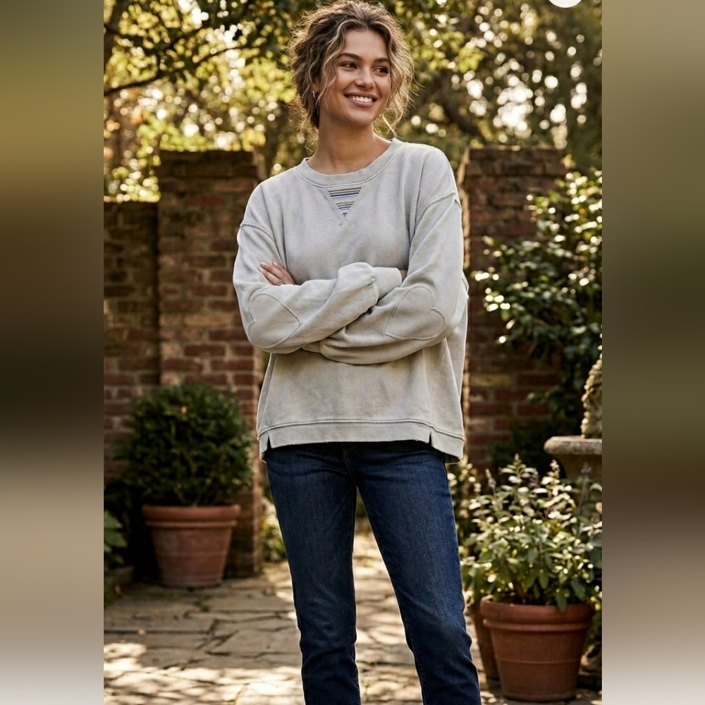 Grey State Women's Lightly Distressed Sweatshirt, Embroidery & Elbow Patches